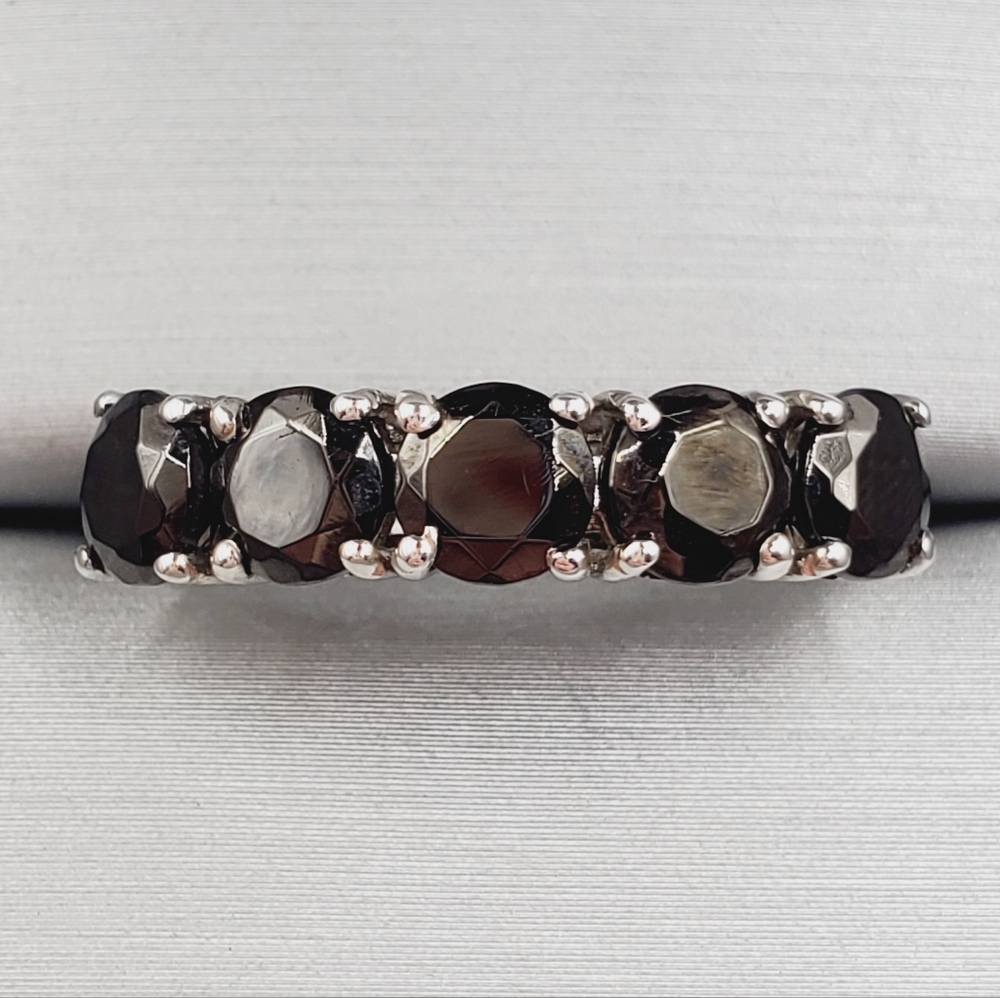 Black Elite Shungite Round Cut 5 Stone Ring In Platinum | 925 Sterling Silver